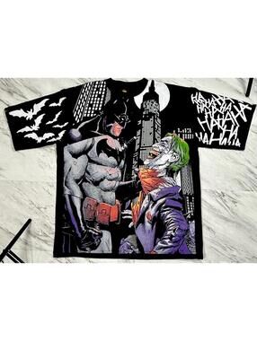 Vintage Style Batman Vs Joker Modern AOP Black T-shirt Size 2XL Comics #11P
